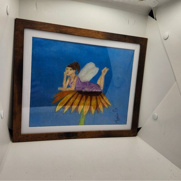 Hand Crafted Fairy On A Flower Colored Pencil Drawing Framed 9x11" - Picture 9 of 14